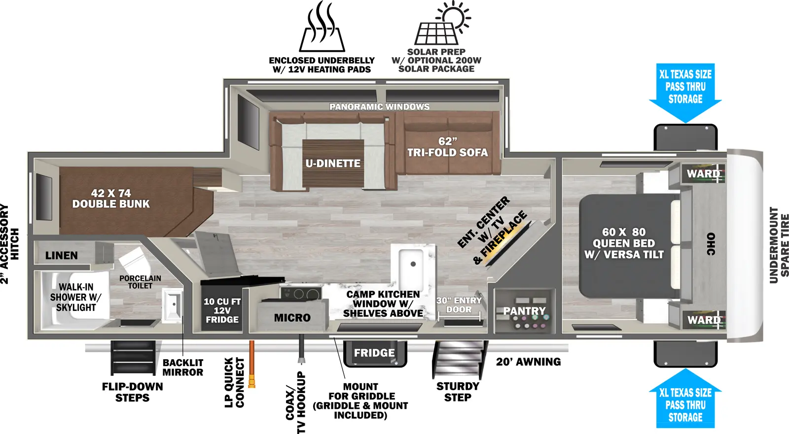 The Hemisphere Travel Trailers 25BHHL has two entries and one slide out. Exterior features include: fiberglass exterior and 20' awning. Interiors features include: bunk beds, u-dinette and front bedroom.